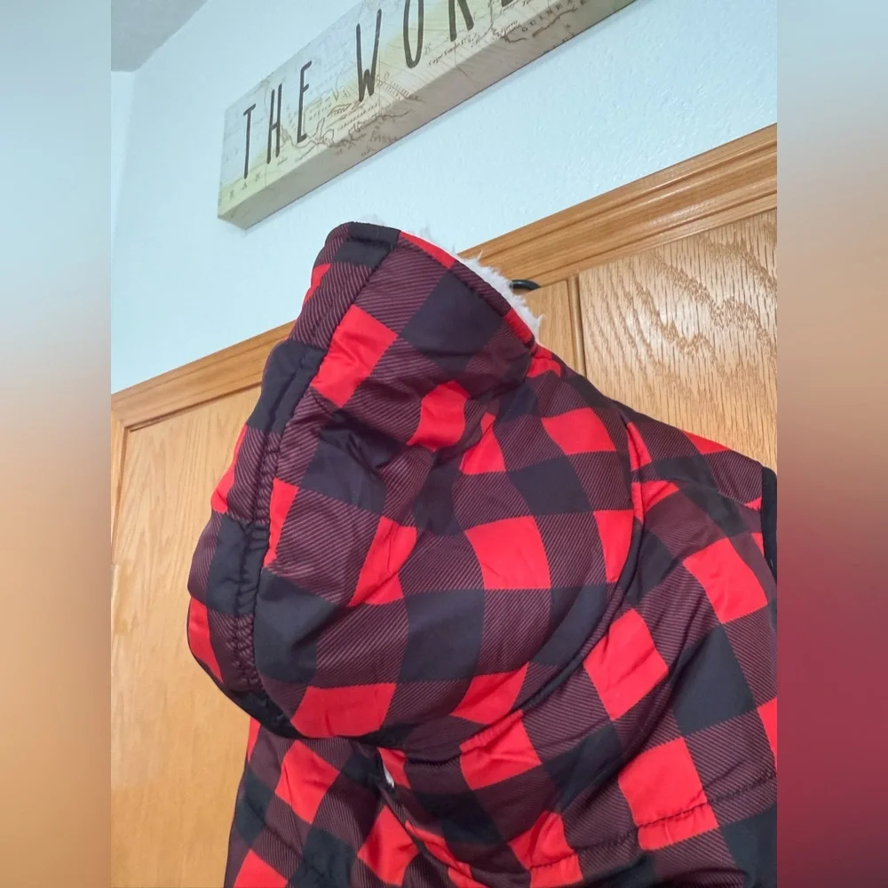 Buffalo plaid Sherpa lined dog vest with hood